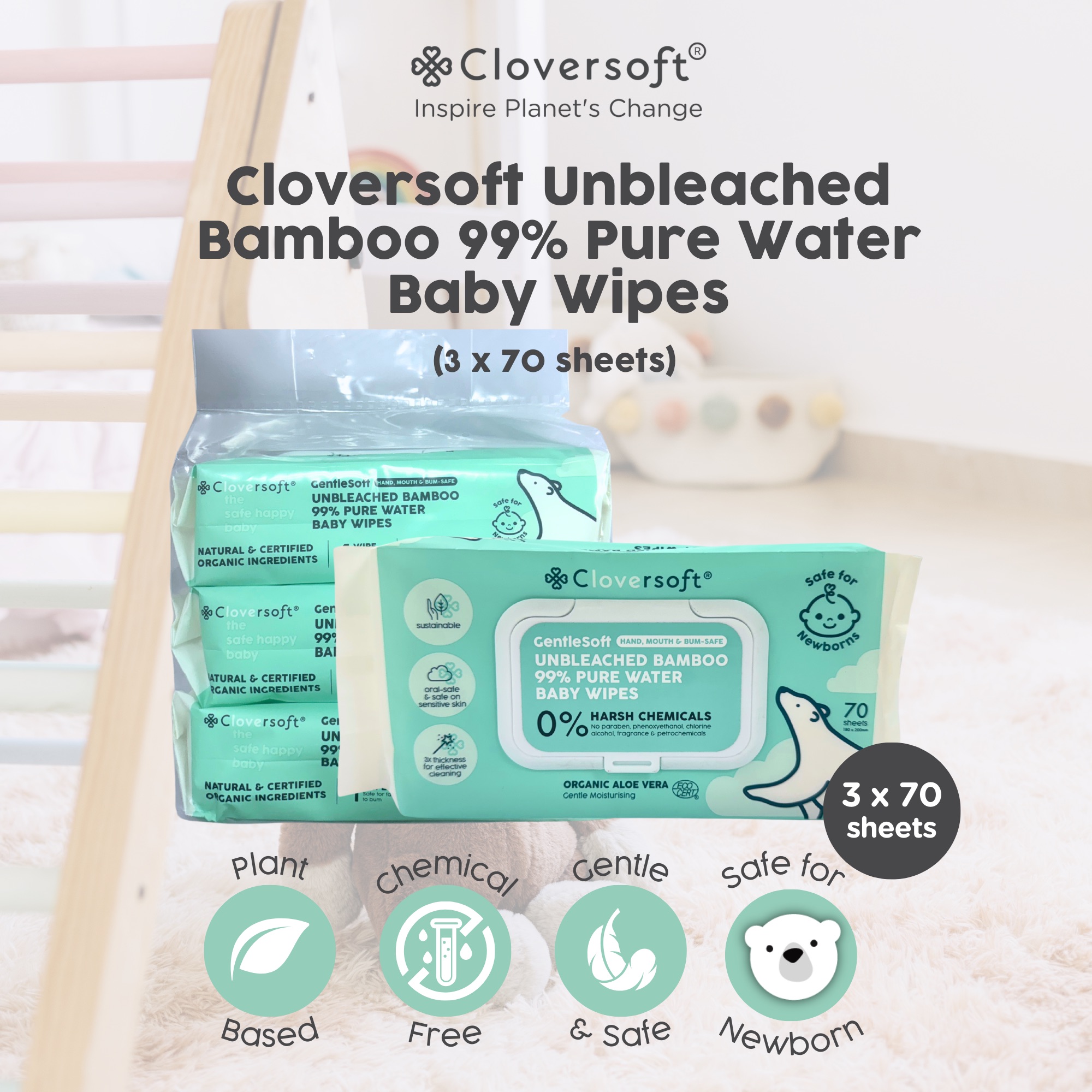 (Bundle of 3) Cloversoft Unbleached Bamboo Organic Pure Water Baby Wipes 70 Sheets